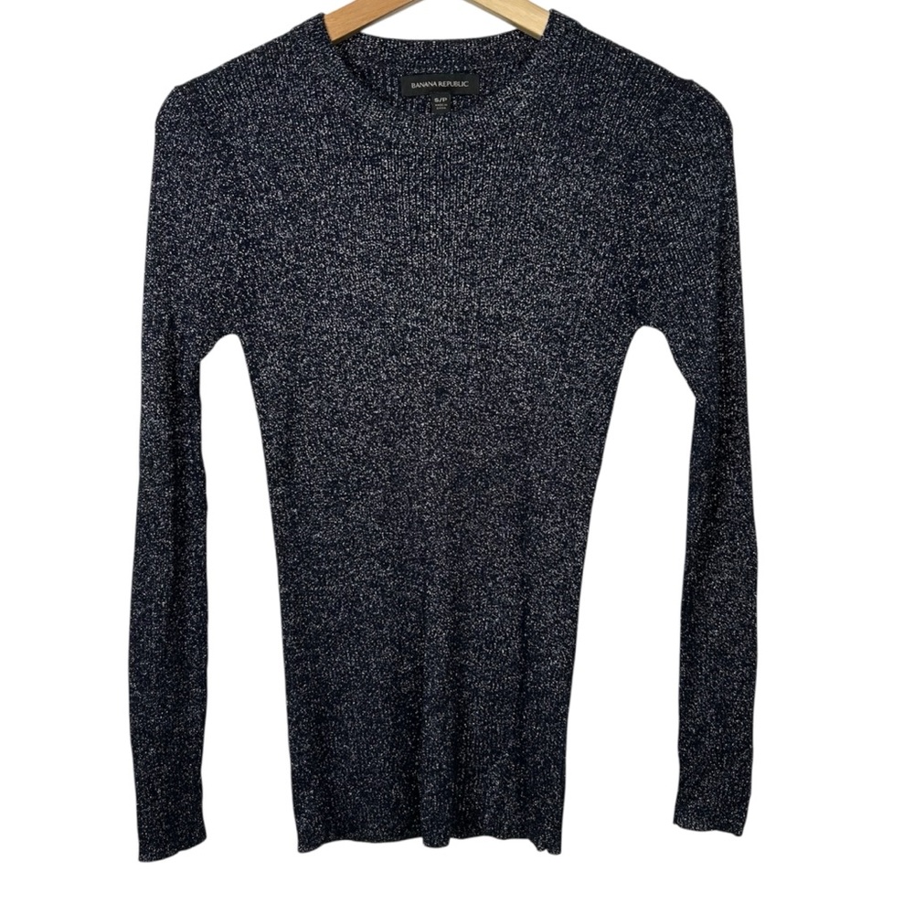 BANANA REPUBLIC Metallic Rib Knit Crewneck Fitted Sweater Top, Dark Blue, Small
